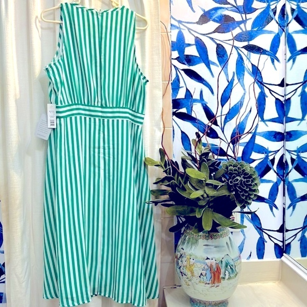 NWT Women’s Tash + Sophie Anthropologie Green & White Striped Midi Dress Size 12 - Picture 12 of 16